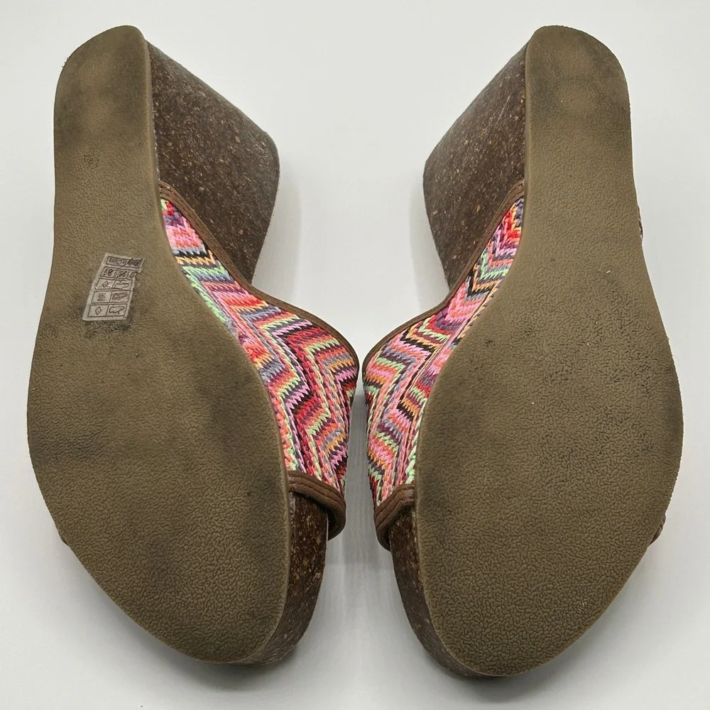 Blowfish Malibu B138 Multi Chevron Woven Cork Wedge Slide Sandals 8.5 Boho Retro
